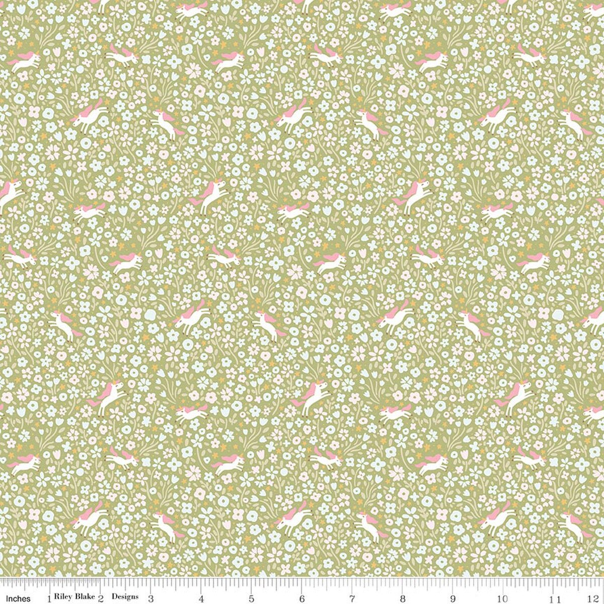 Little Posies Unicorns Green Quilt Fabric by Cayla Naylor