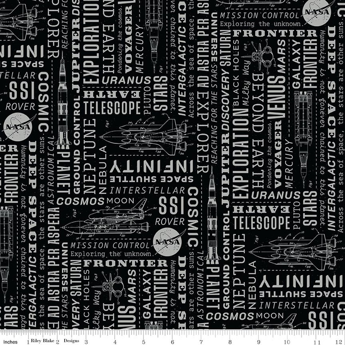 Reach for the Stars with NASA Text Black Quilt Fabric