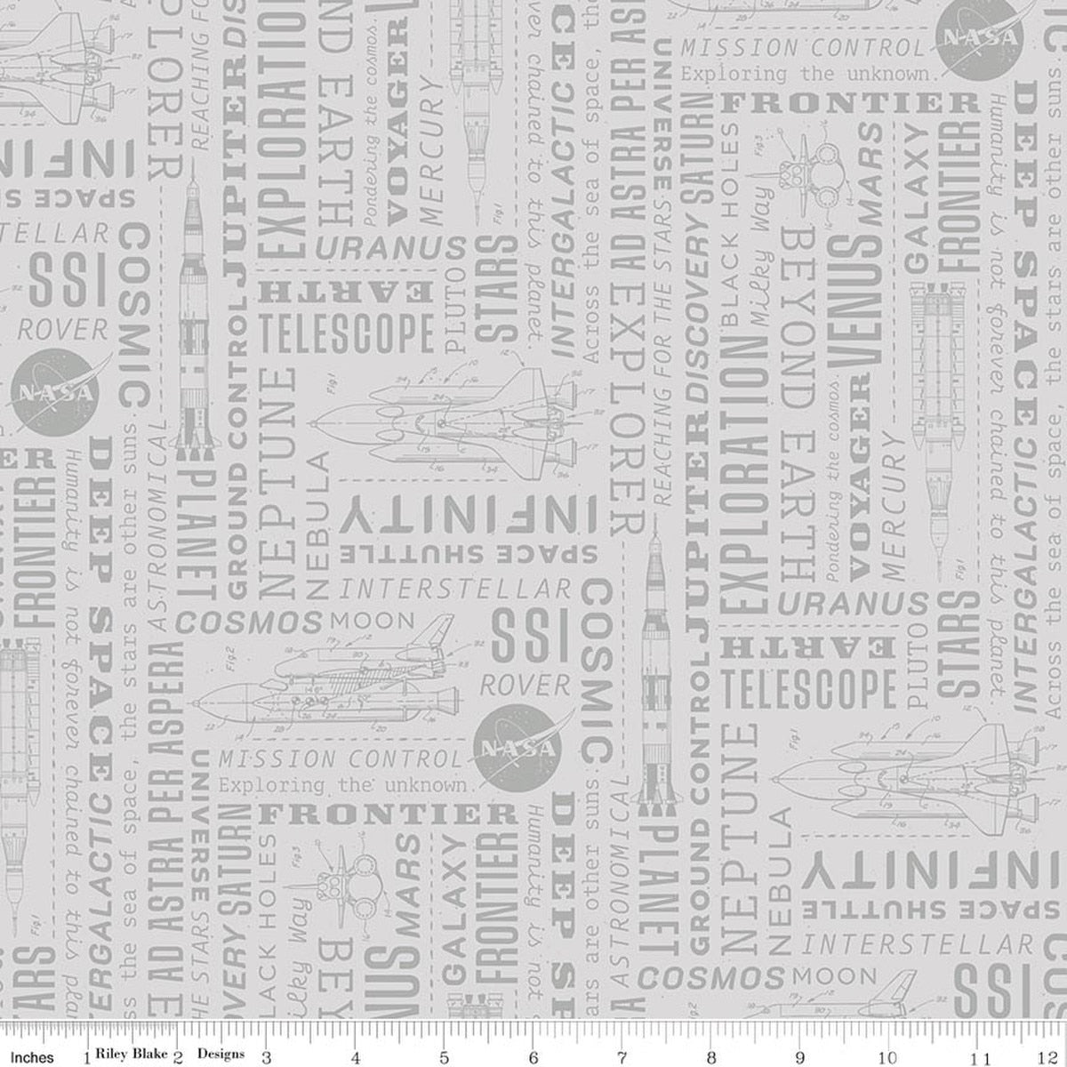Reach for the Stars with NASA Text Gray Quilt Fabric