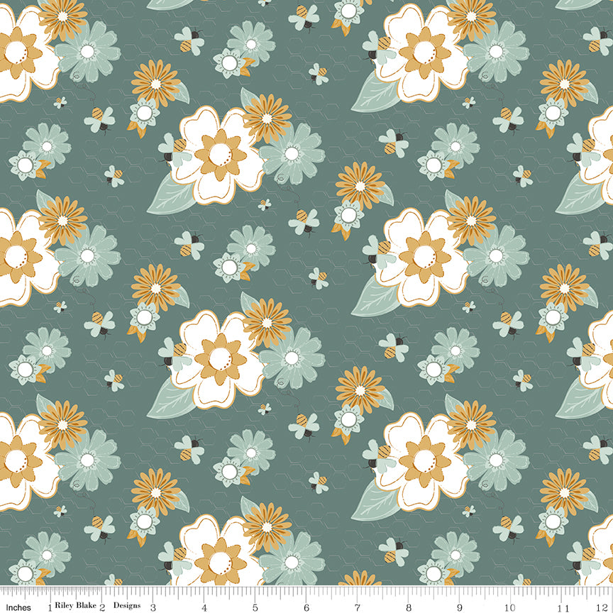 Bees and Blossoms Main Teal Quilt Fabric by Lindsey Weight