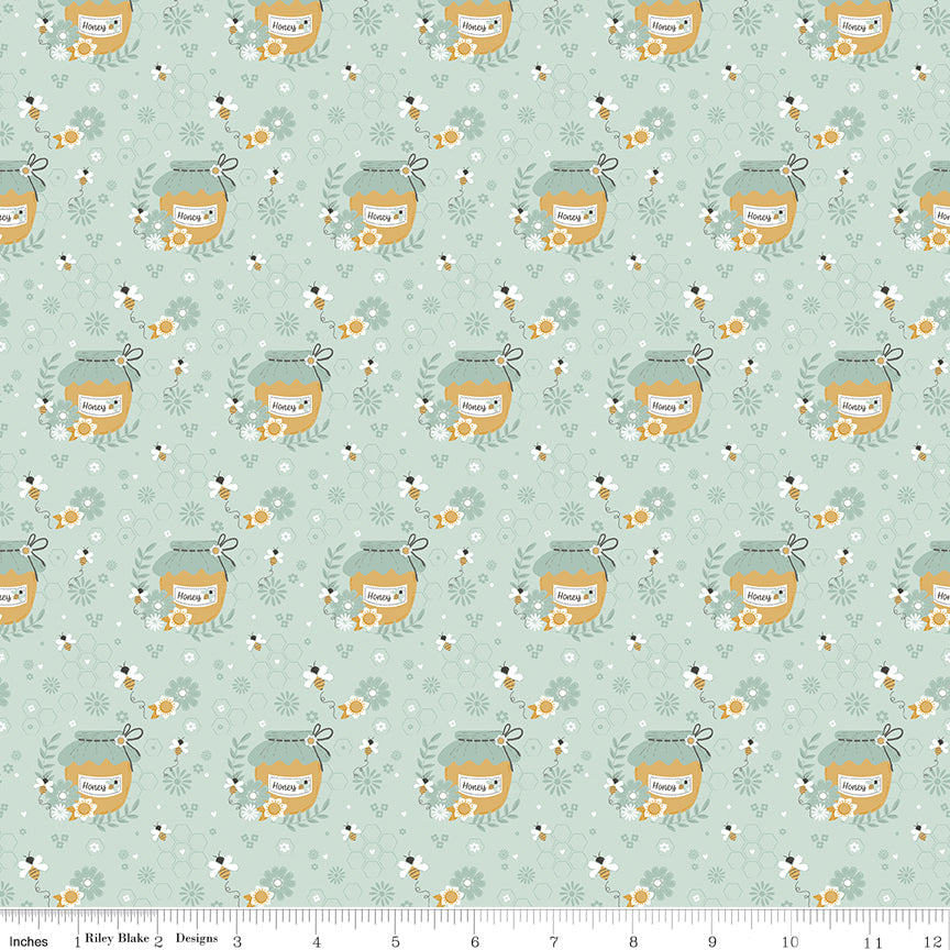 Bees and Blossoms Honey Pot Mist Quilt Fabric by Lindsey Weight