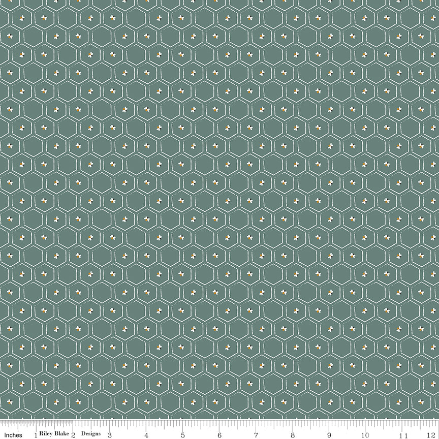 Bees and Blossoms Honeycomb Teal Quilt Fabric by Lindsey Weight