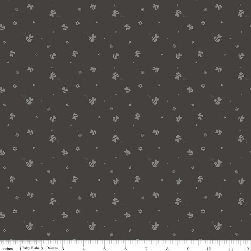 Bees and Blossoms Bee Toss Charcoal Quilt Fabric by Lindsey Weight