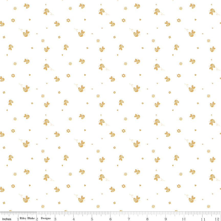 Bees and Blossoms Bee Toss White Quilt Fabric by Lindsey Weight