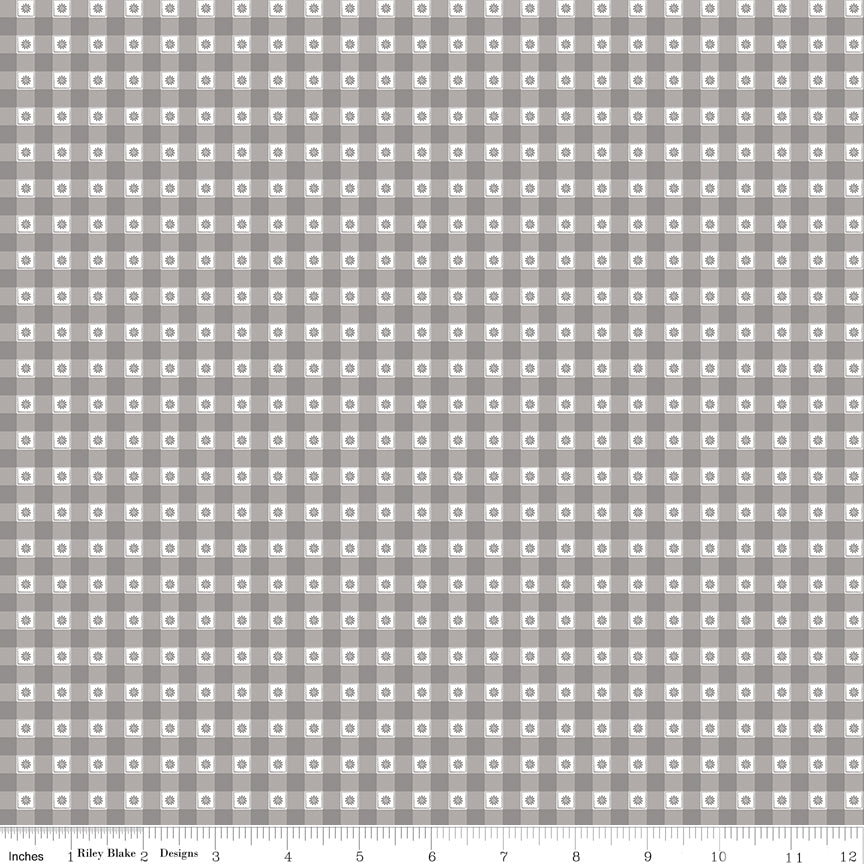 Bees and Blossoms Gingham Gray Quilt Fabric by Lindsey Weight