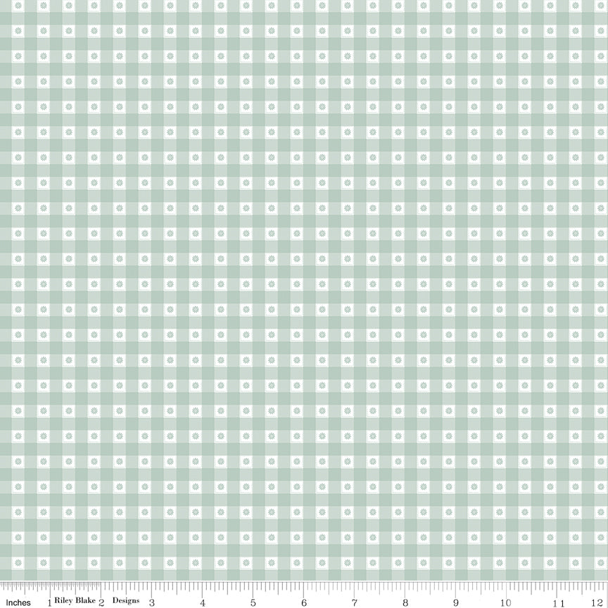 Bees and Blossoms Gingham Mist Quilt Fabric by Lindsey Weight