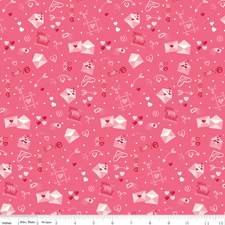 Bloom & Heart Postmarked Love Sugar Pink Quilt Fabric by Cherry Guidry of Cherry Blossoms