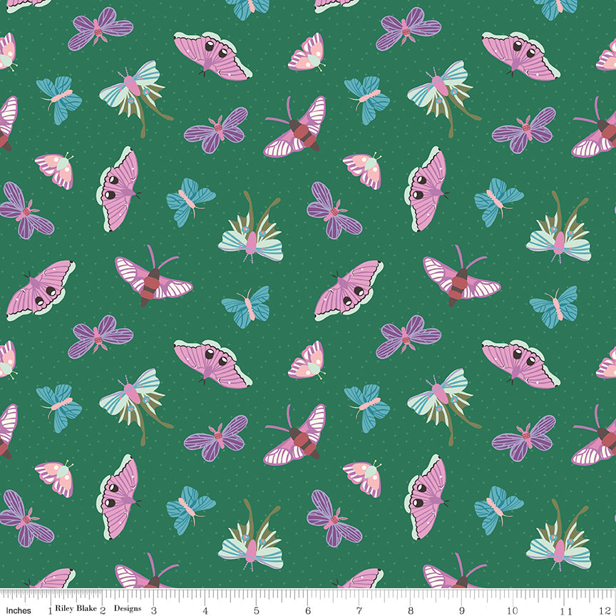 Mountain Jamboree Moths Green Quilt Fabric by Genesis Hall