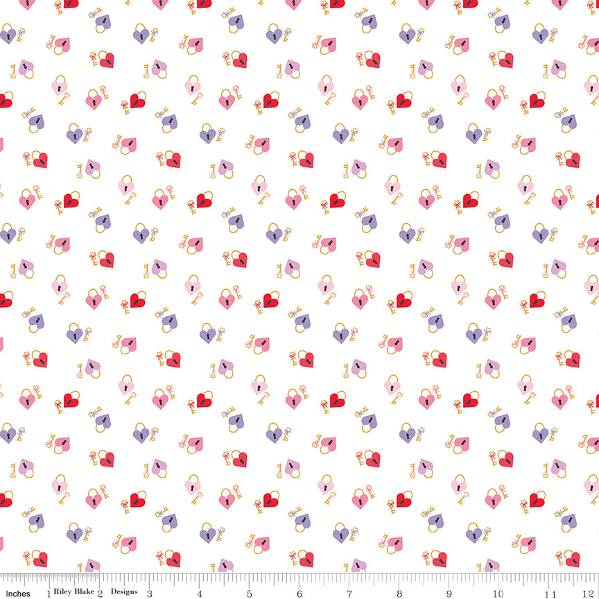 Sweet on You Keys to My Heart White Quilt Fabric by Christopher Thompson of The Tattooed