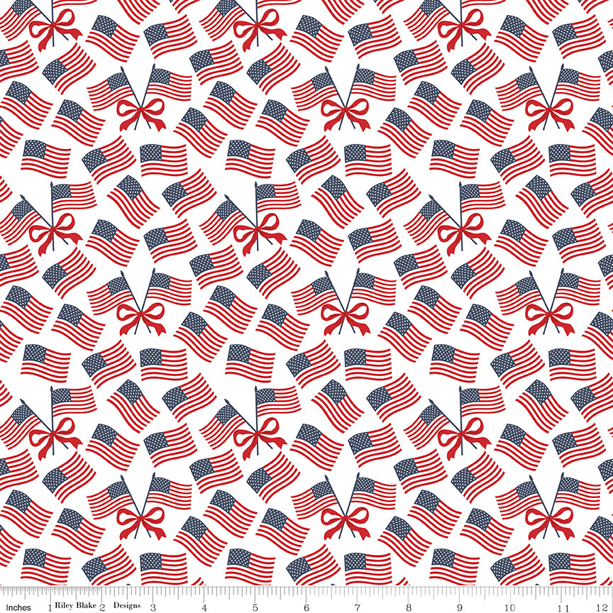 Hooray for the USA Flags White Quilt Fabric
