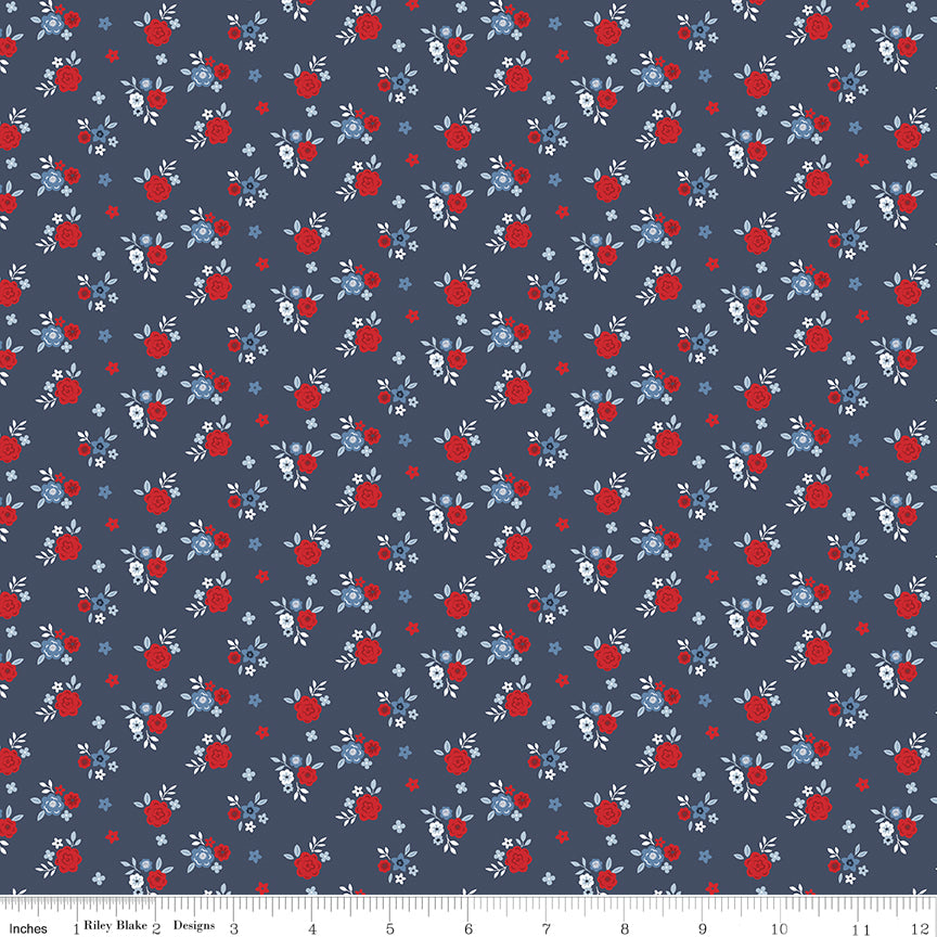 Hooray for the USA Floral Denim Quilt Fabric