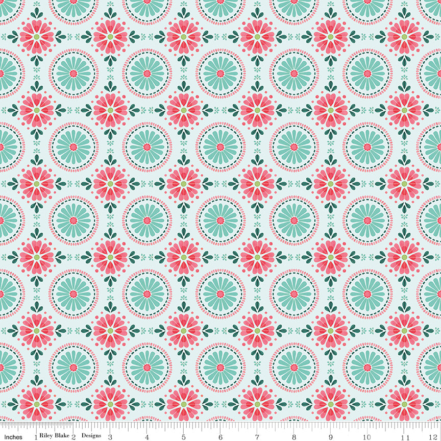 Peonies & Pears Mosaic Turquoise Quilt Fabric