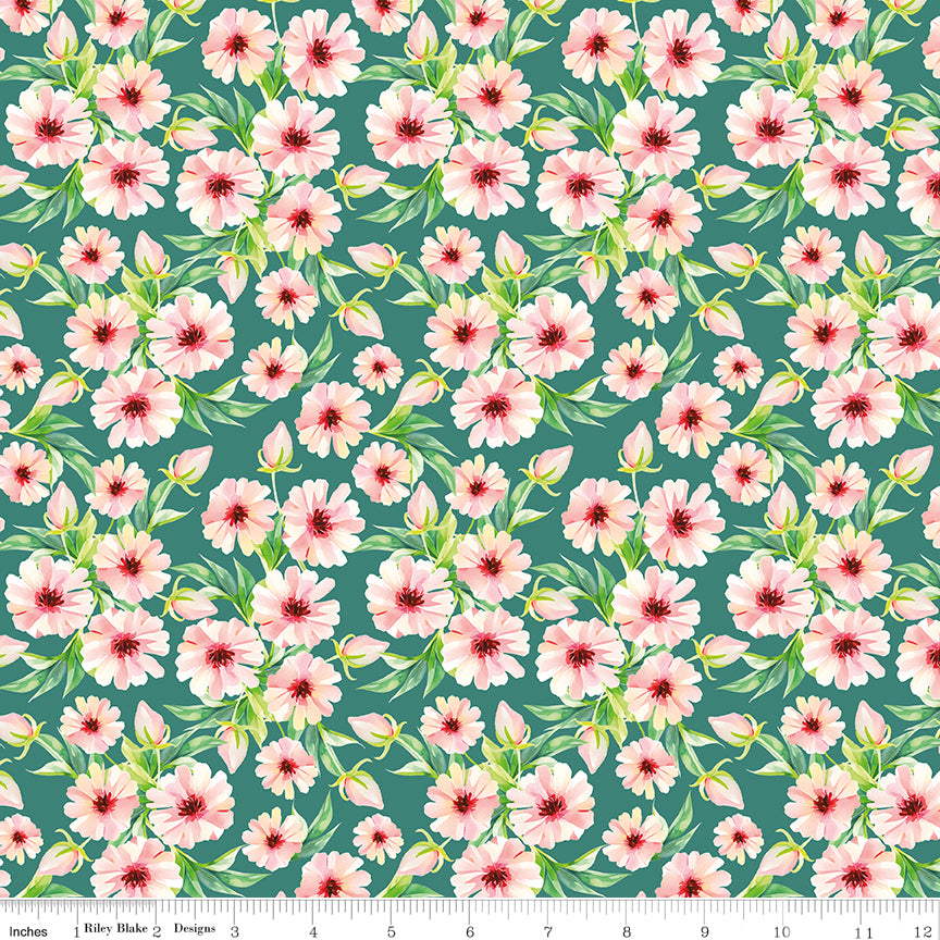 Peonies & Pears Flowers Green Quilt Fabric