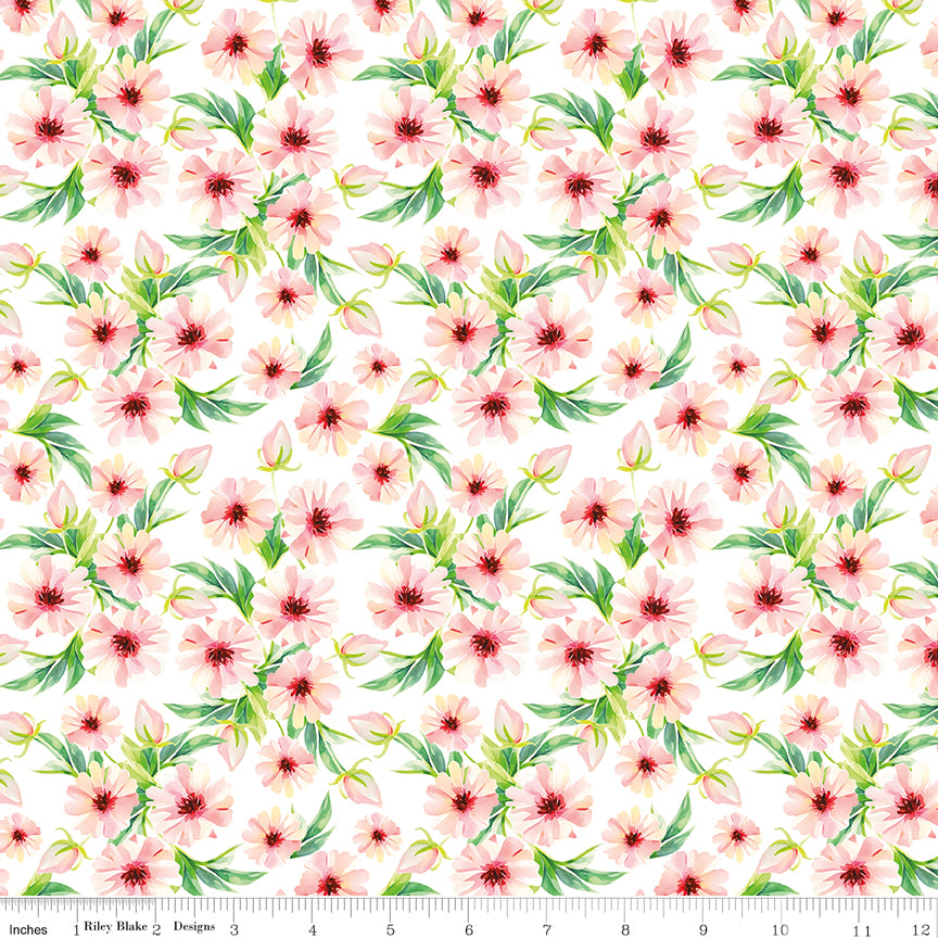 Peonies & Pears Flowers White Quilt Fabric