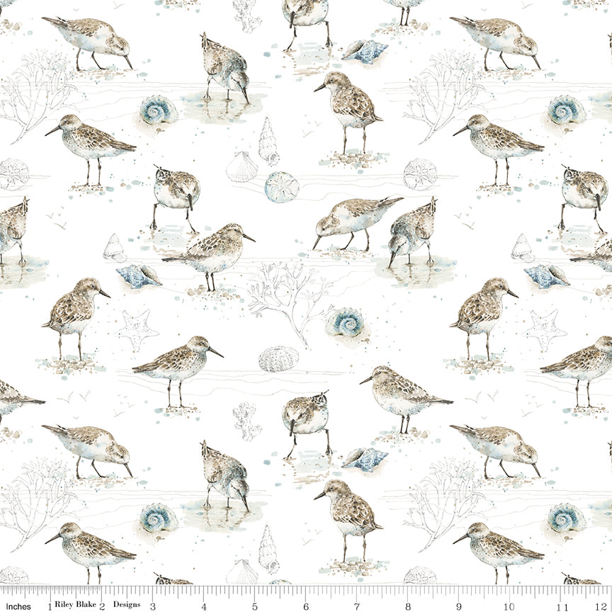 Sea Echoes Birds White Quilt Fabric