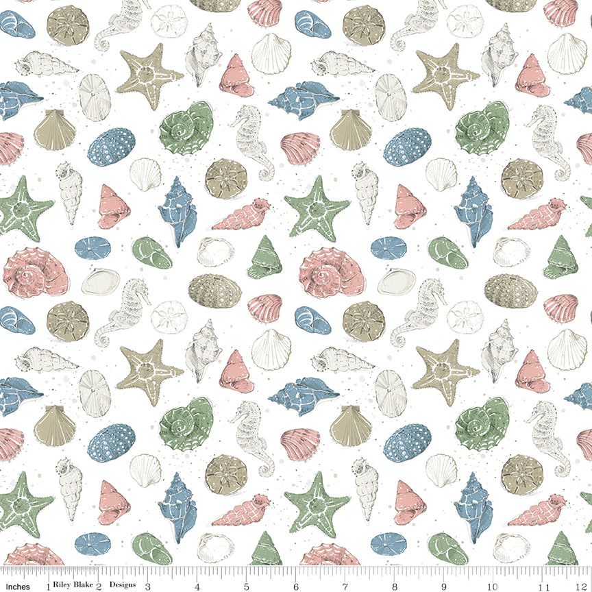 Sea Echoes Shells White Quilt Fabric