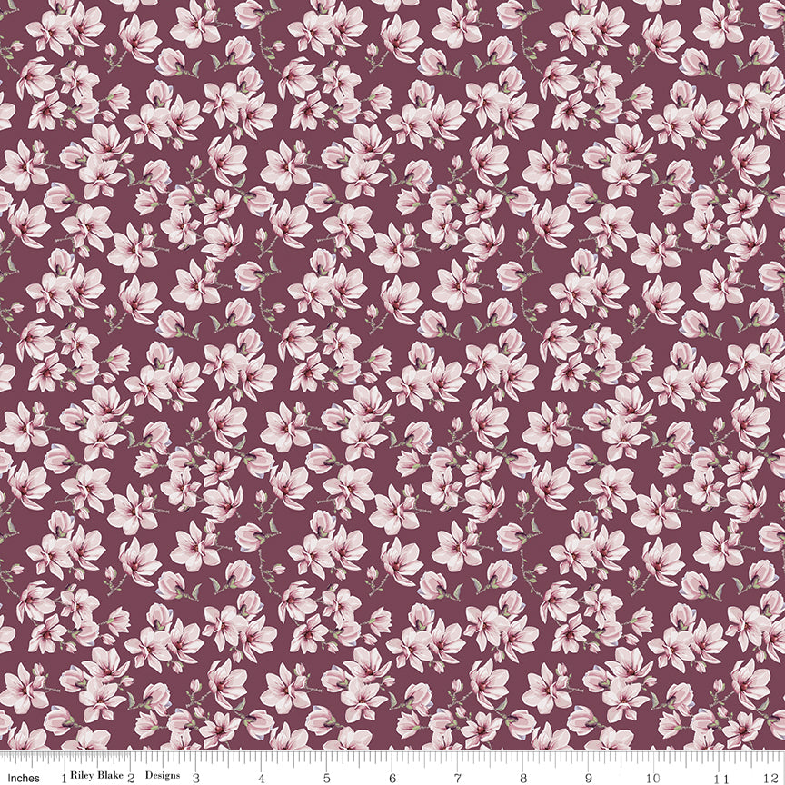 Twilight on the Prairie Magnolias Burgundy Quilt Fabric