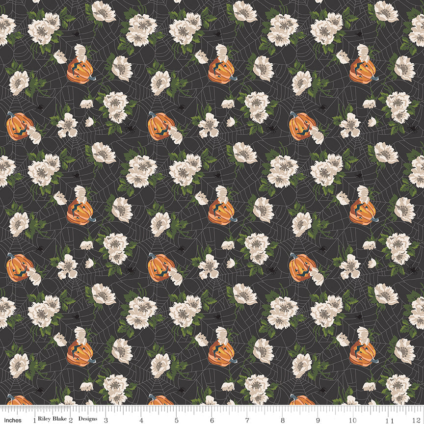 Cobweb Cottage Mums and Pumpkins Charcoal Quilt Fabric by Cobweb Cottage — Melissa Mortenson