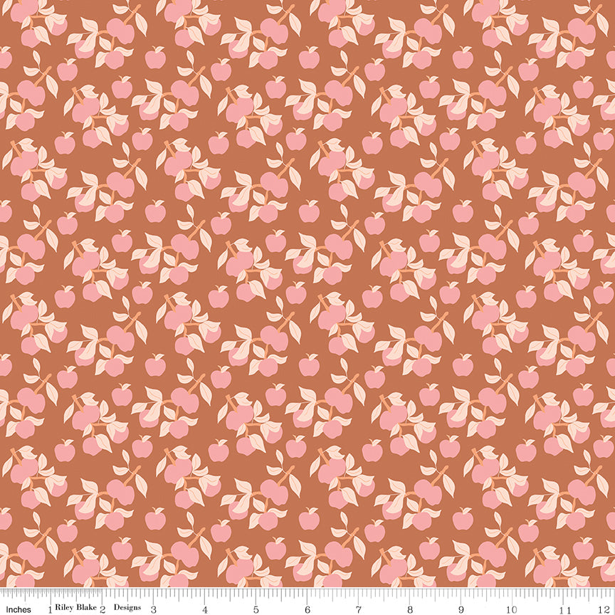 Orchard Blooms Apples Terracotta Quilt Fabric by Liza Taylor