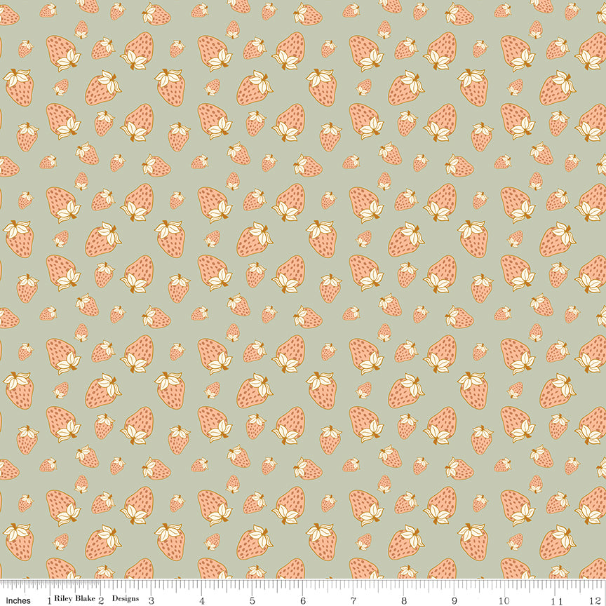 Orchard Blooms Strawberries Sage Quilt Fabric by Liza Taylor