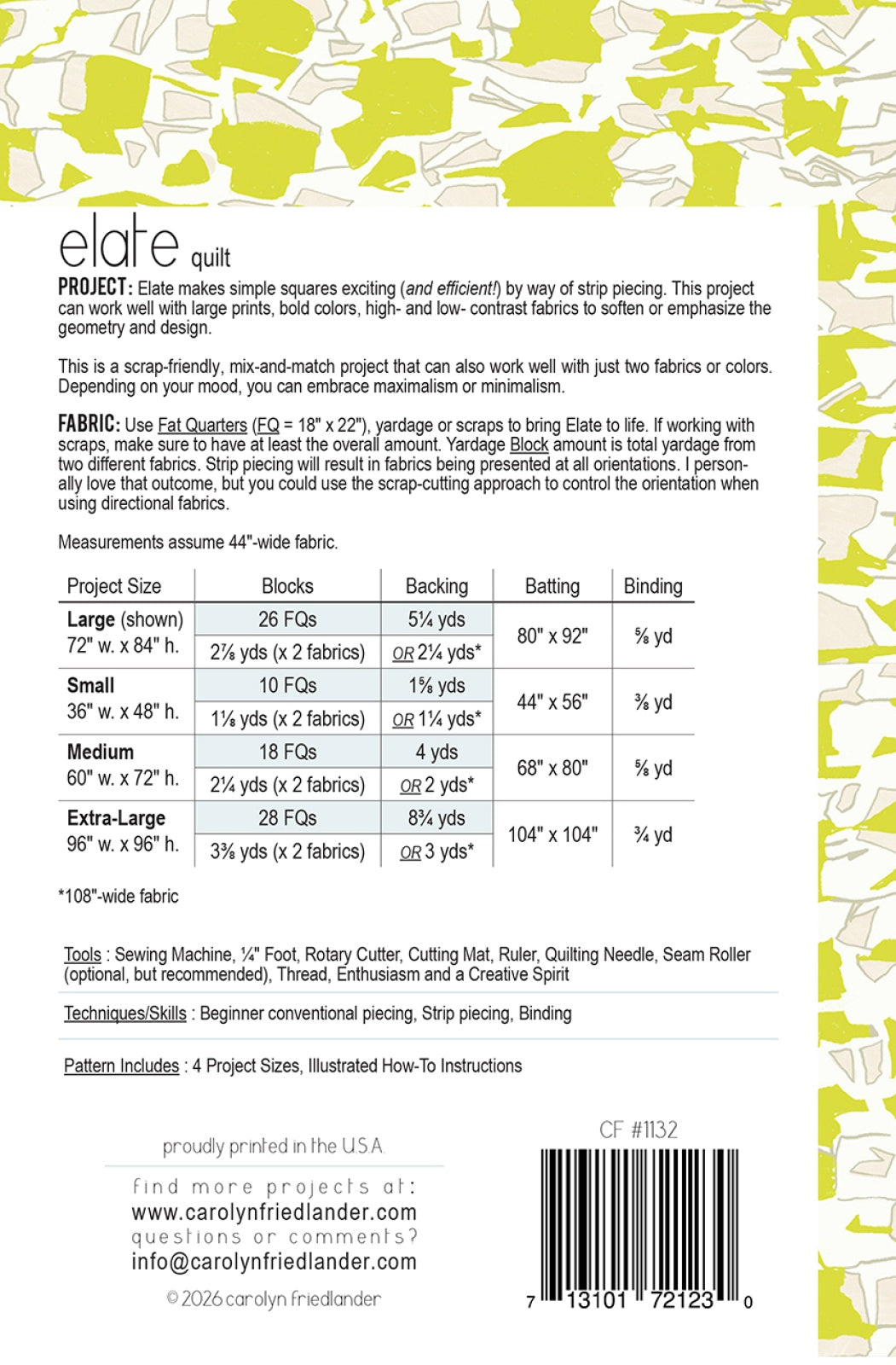 Back of the Elate Quilt Pattern by Carolyn Friedlander LLC