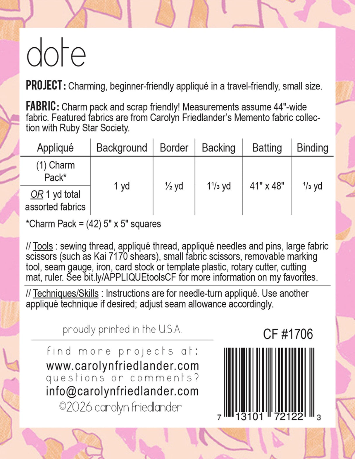 Back of the Dote Quilt Pattern by Carolyn Friedlander LLC