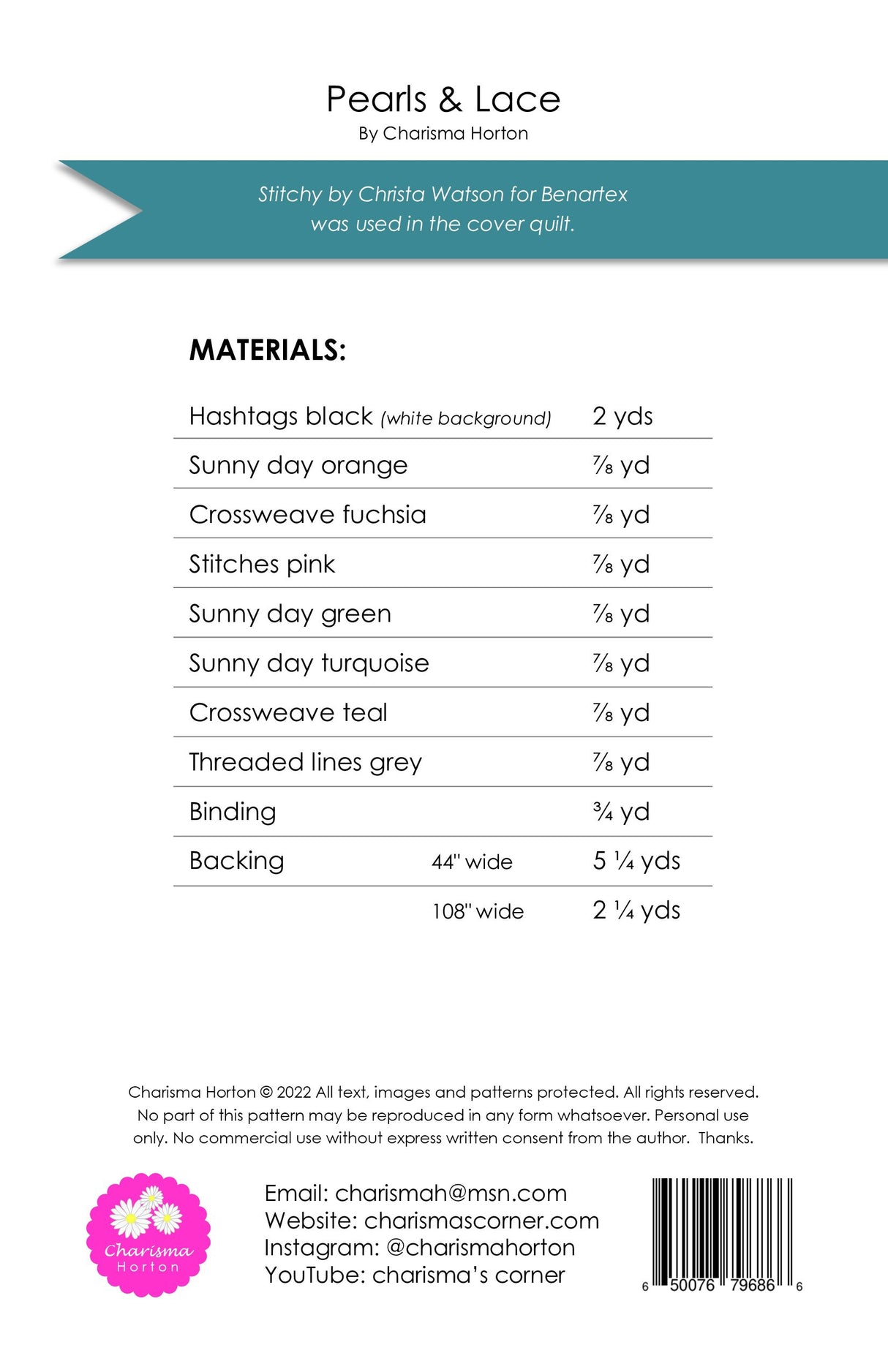 Back of the Pearls and Lace Quilt Pattern by Charisma Horton