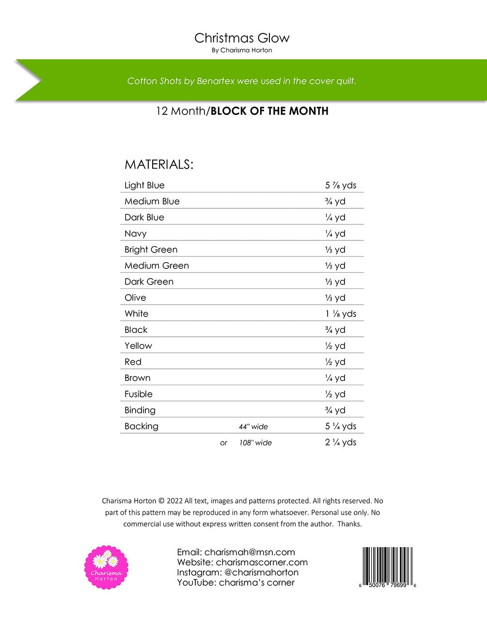 Back of the Christmas Glow BOM by Charisma Horton