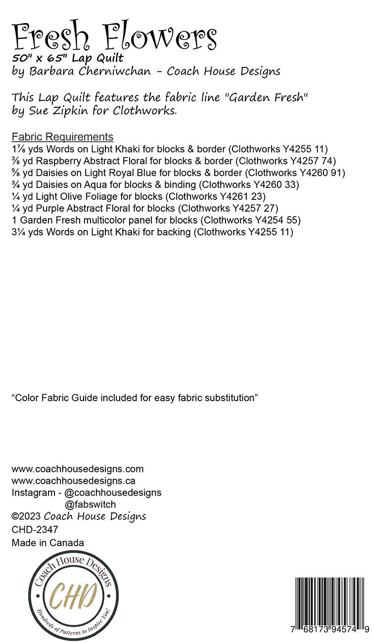 Back of the Fresh Flowers Quilt Pattern by Coach House Designs