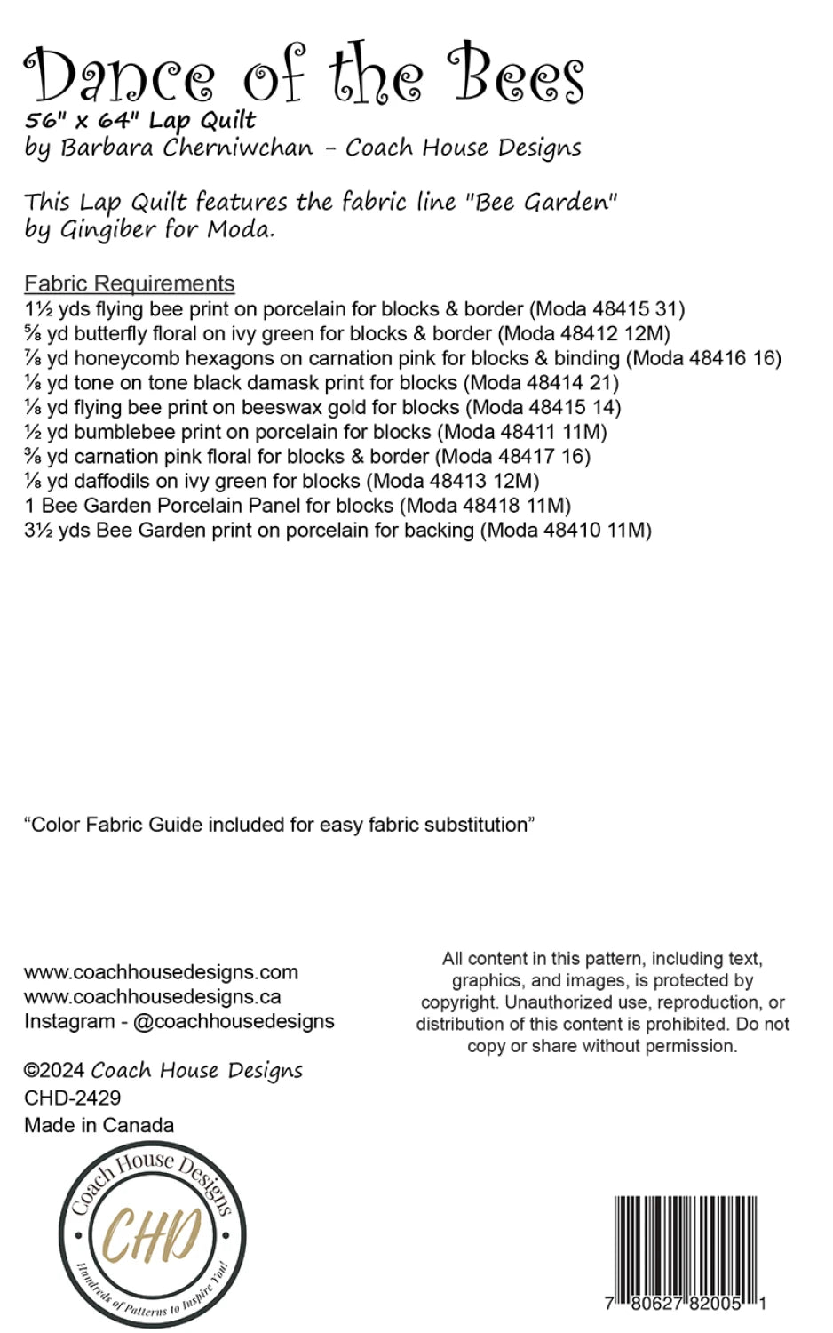 Back of the Dance of the Bees Quilt Pattern by Coach House Designs