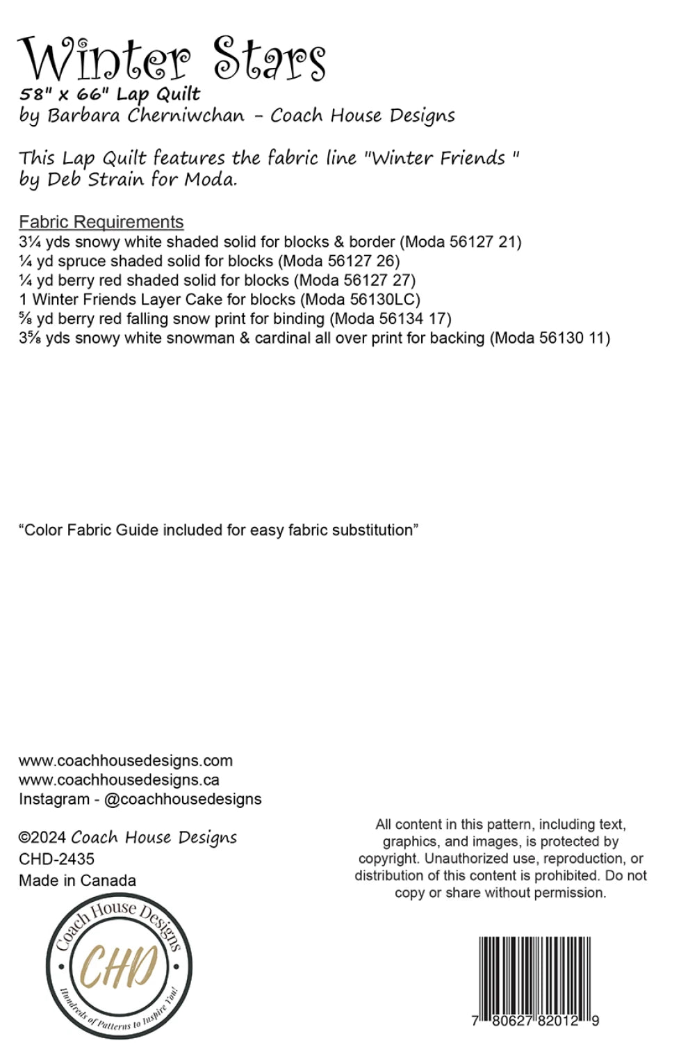 Back of the Winter Stars Quilt Pattern by Coach House Designs