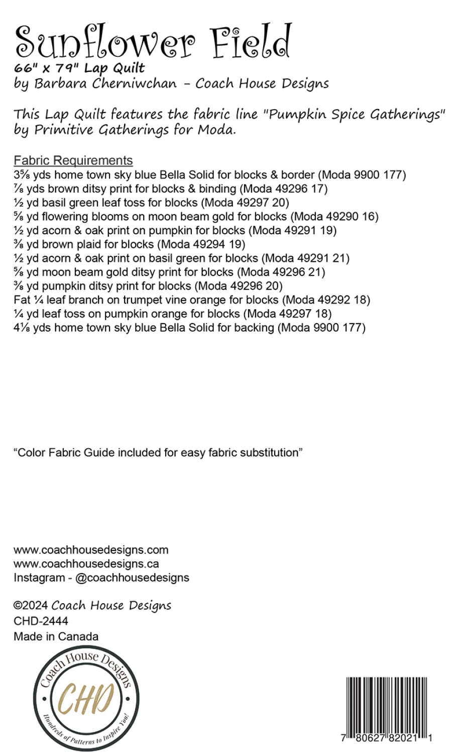 Back of the Sunflower Field Quilt Pattern by Coach House Designs
