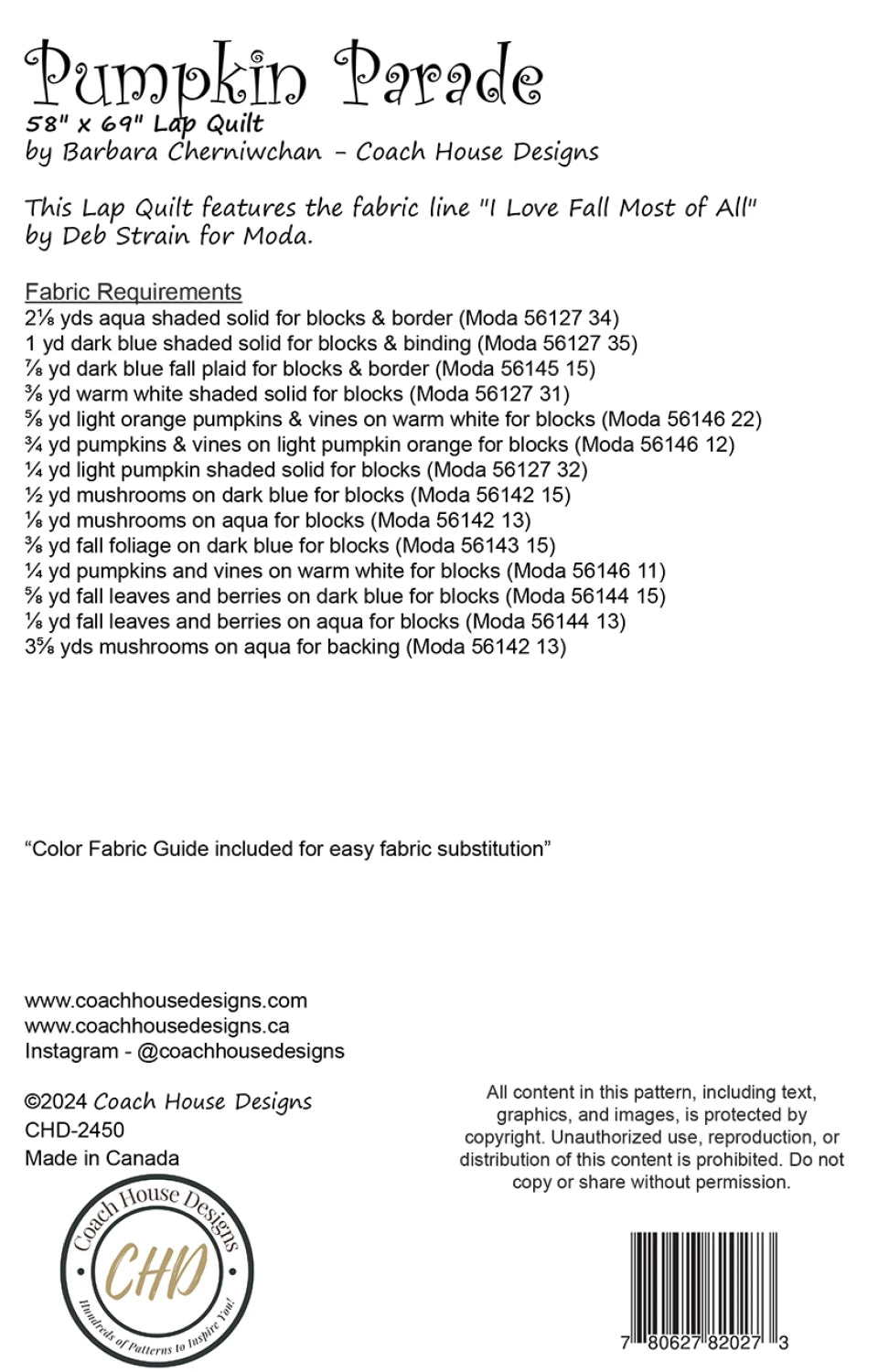 Back of the Pumpkin Parade Quilt Pattern by Coach House Designs