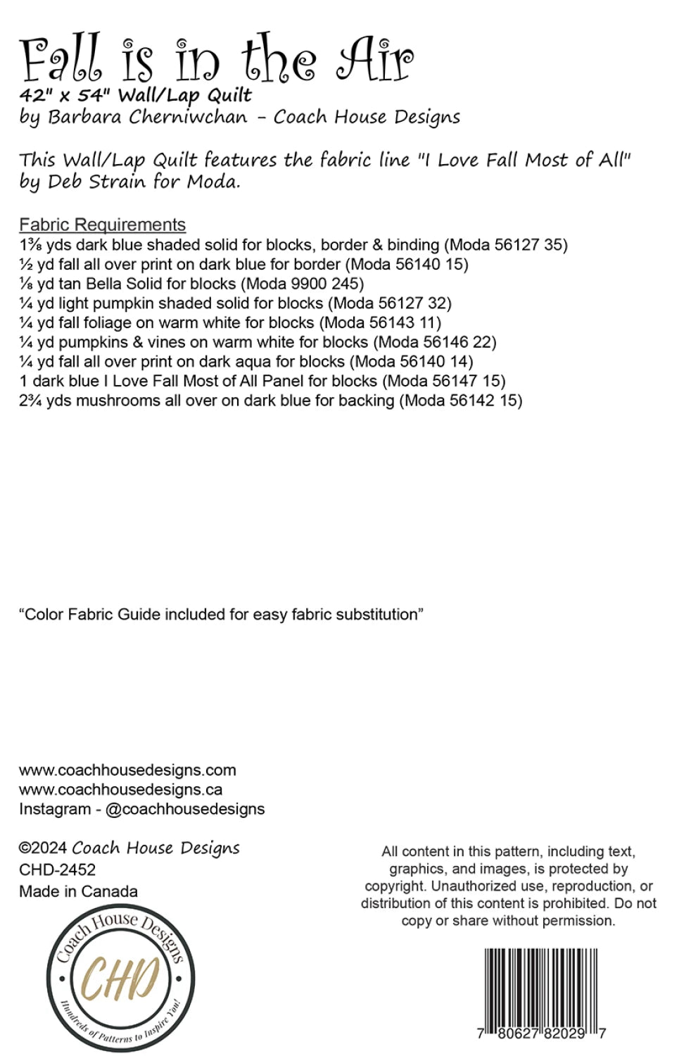 Back of the Fall is in the Air Quilt Pattern by Coach House Designs