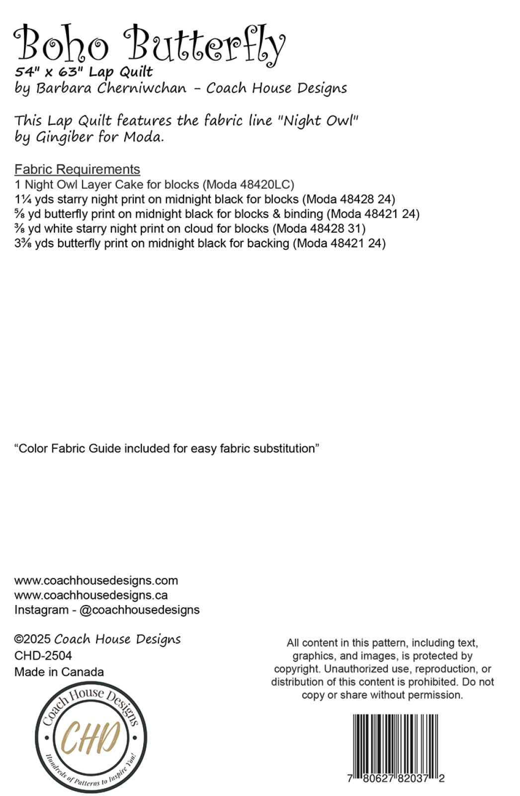 Back of the Boho Butterfly Quilt Pattern by Coach House Designs