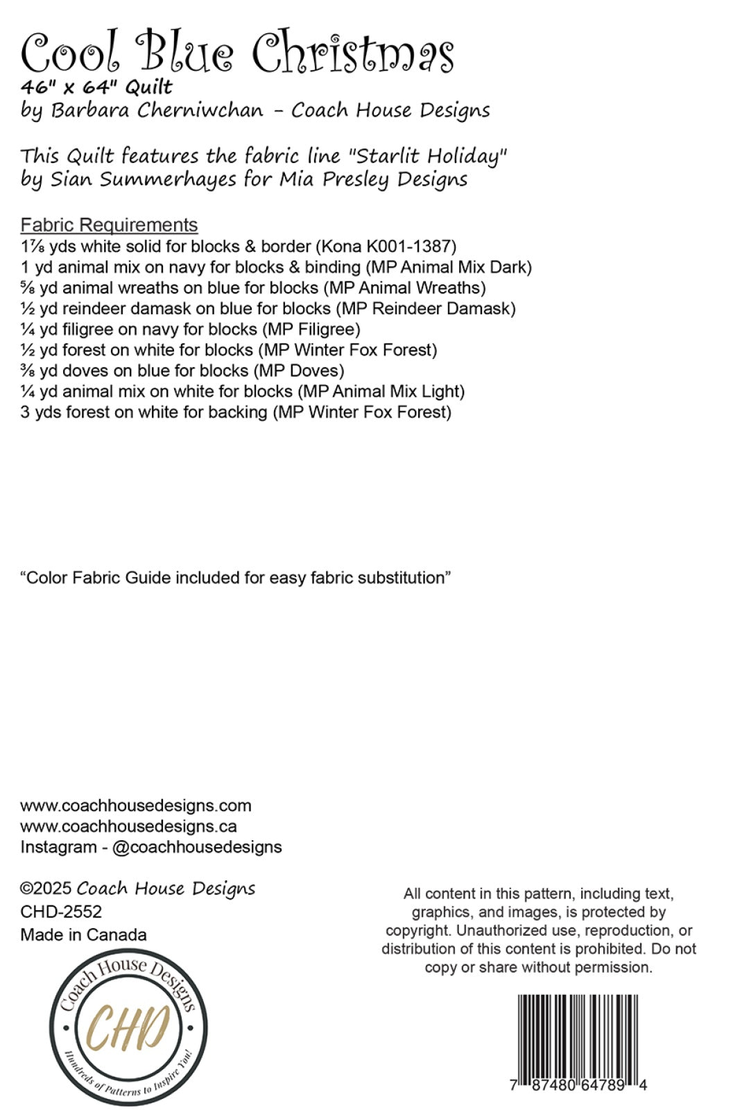 Back of the Cool Blue Christmas Quilt Pattern by Coach House Designs