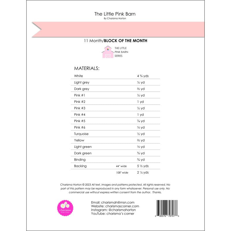 Back of the The Little Pink Barn BOM Quilt Pattern by Charisma Horton