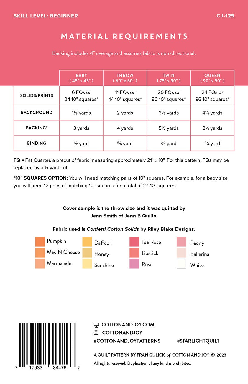 Back of the Starlight Quilt Pattern by Cotton and Joy