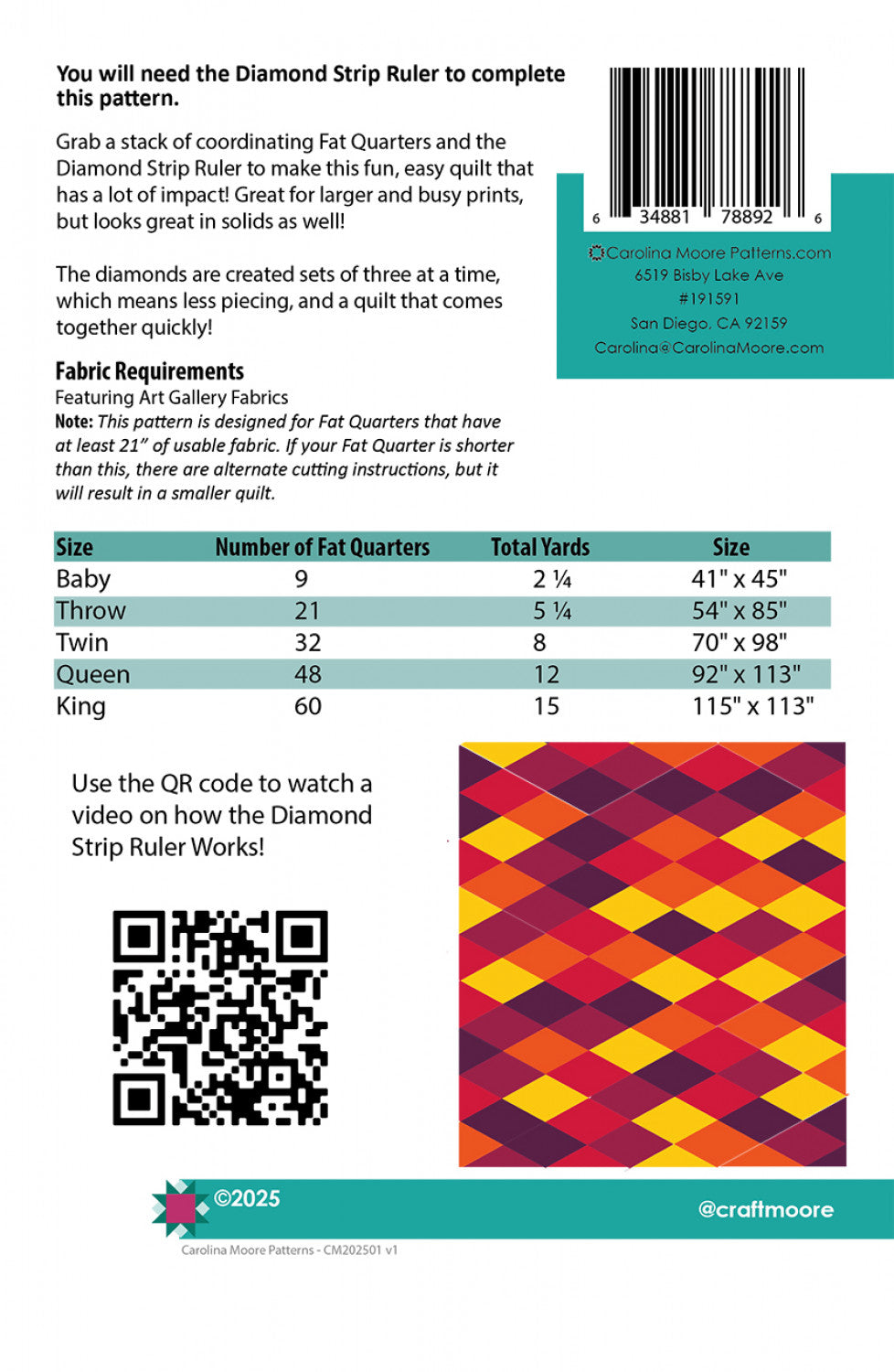 Back of the Fat Quarter Diamonds Quilt Pattern by Carolina Moore