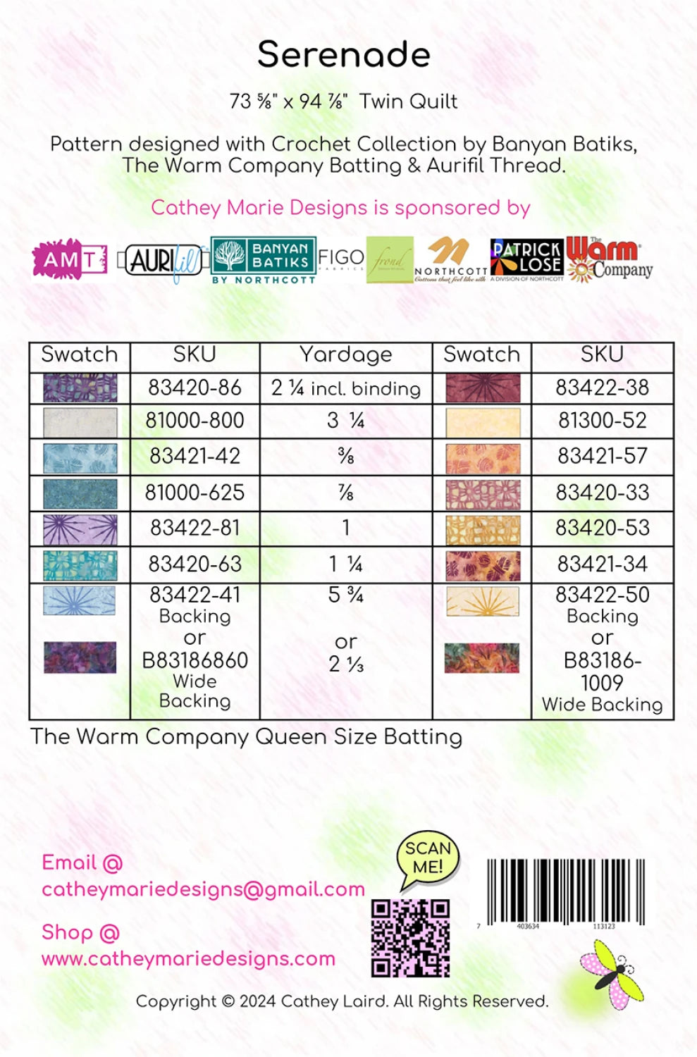 Back of the Serenade Quilt Pattern by Cathey Marie Designs