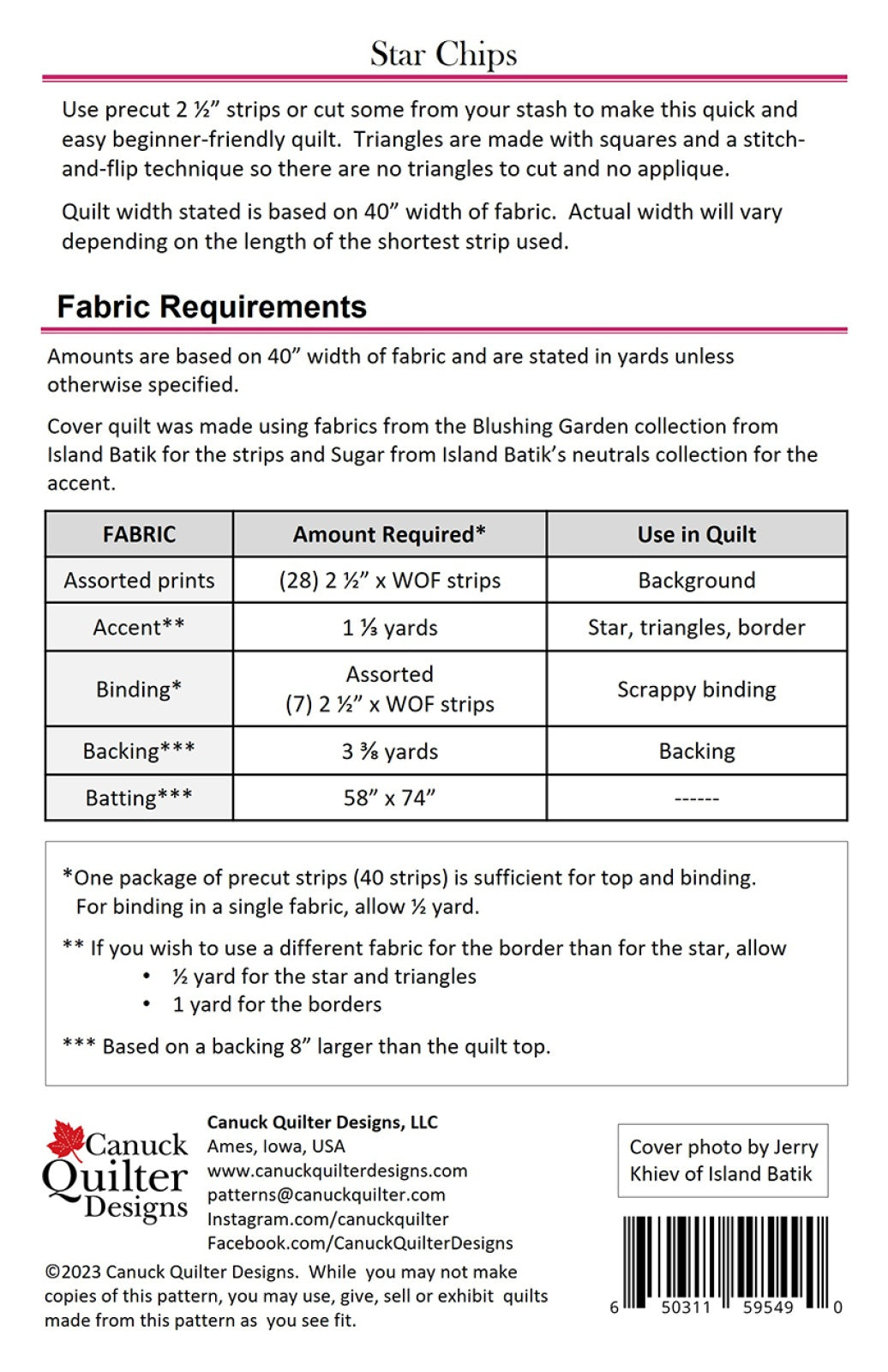 Back of the Star Chips Quilt Pattern by Canuck Quilter Designs