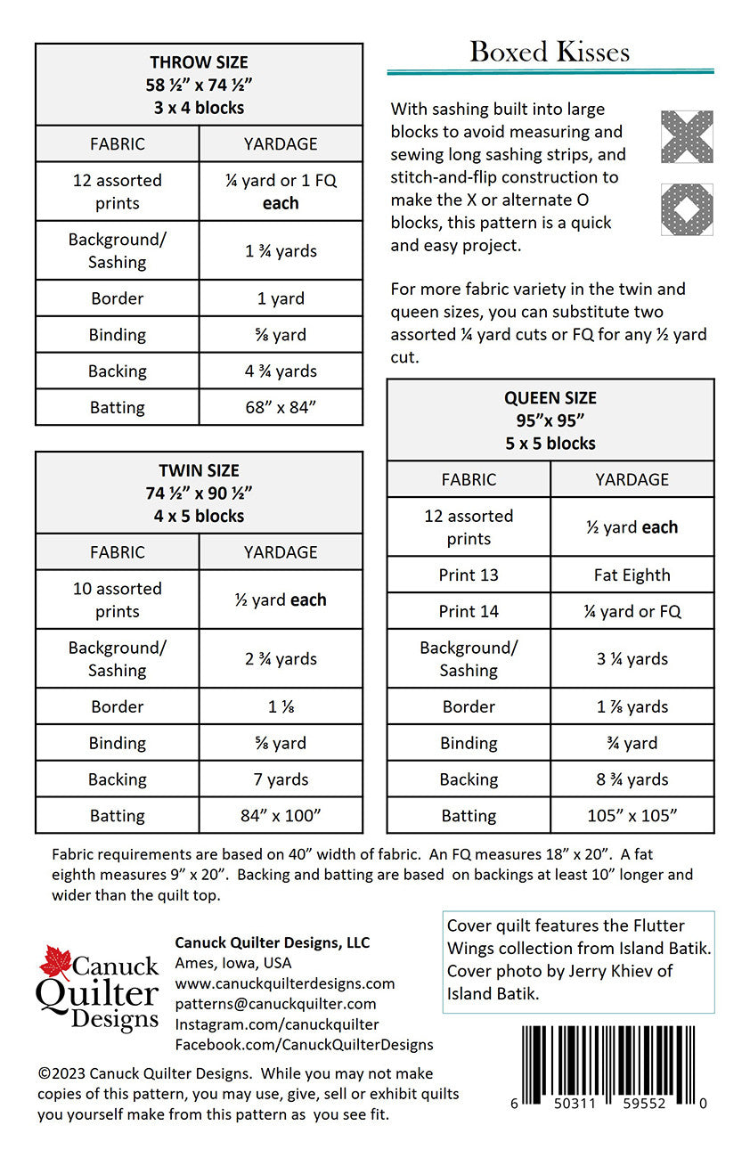 Back of the Boxed Kisses Quilt Pattern by Canuck Quilter Designs