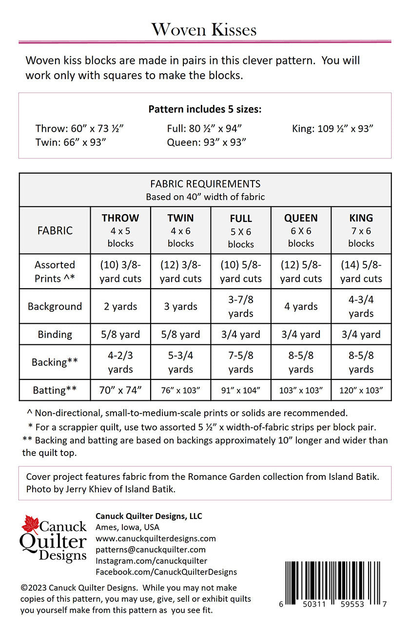 Back of the Woven Kisses Quilt Pattern by Canuck Quilter Designs