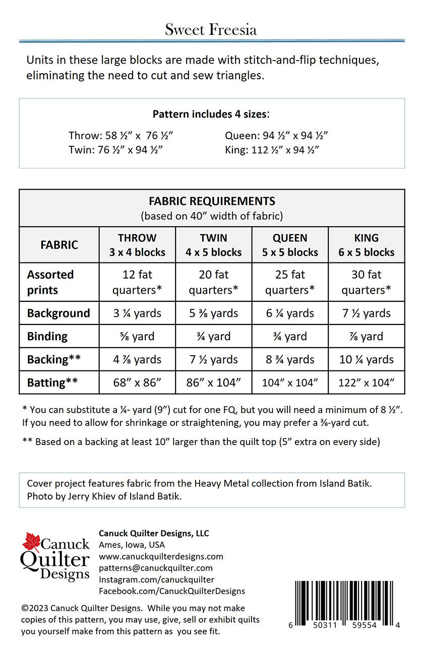 Back of the Sweet Freesia Quilt Pattern by Canuck Quilter Designs