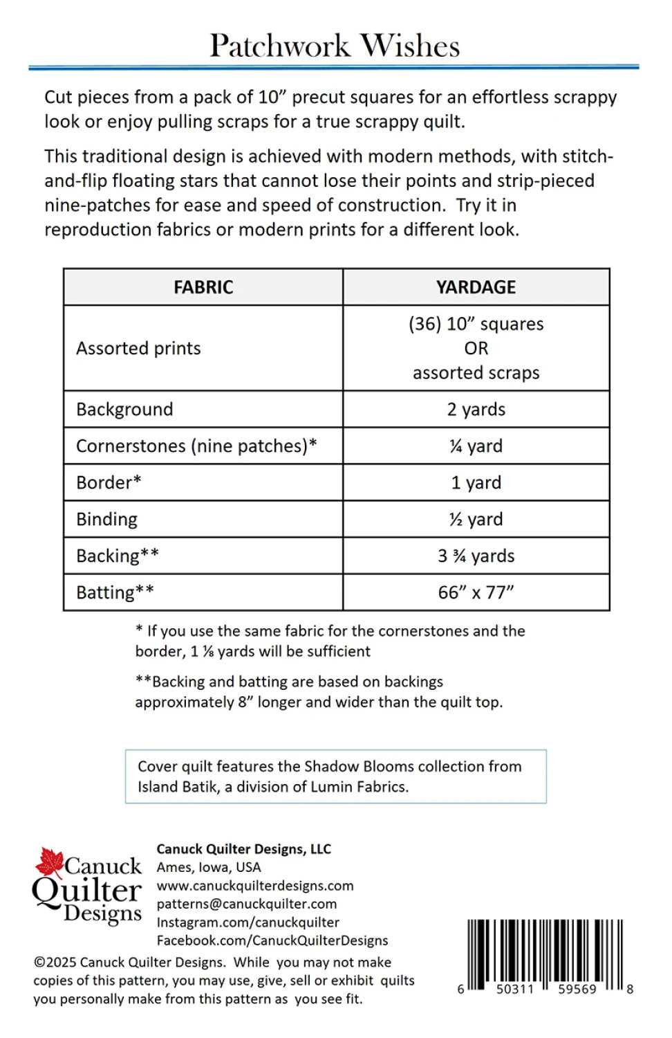 Back of the Patchwork Wishes Quilt Pattern by Canuck Quilter Designs