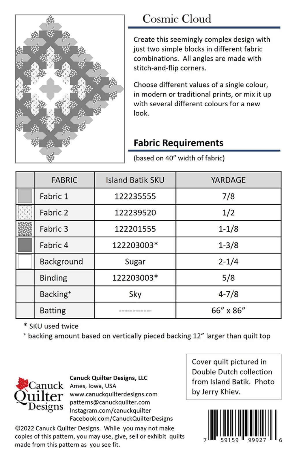 Back of the Cosmic Cloud Quilt Pattern by Canuck Quilter Designs