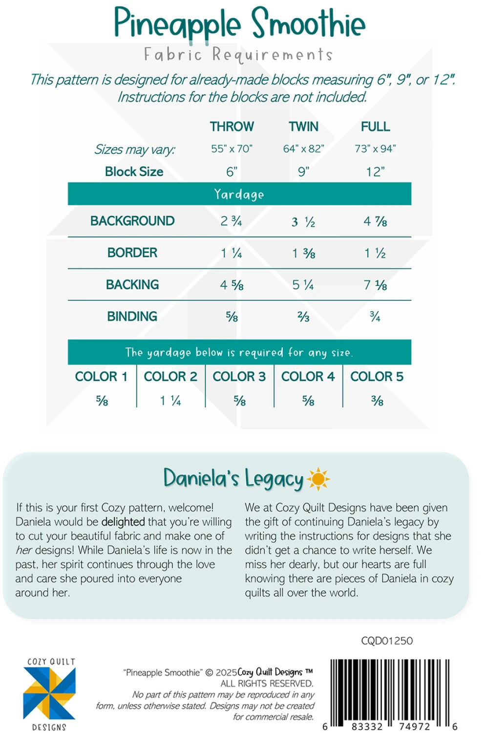 Back of the Pineapple Smoothie Quilt Pattern by Cozy Quilt Designs
