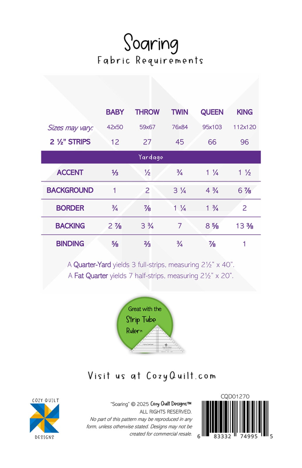 Back of the Soaring Quilt Pattern by Cozy Quilt Designs