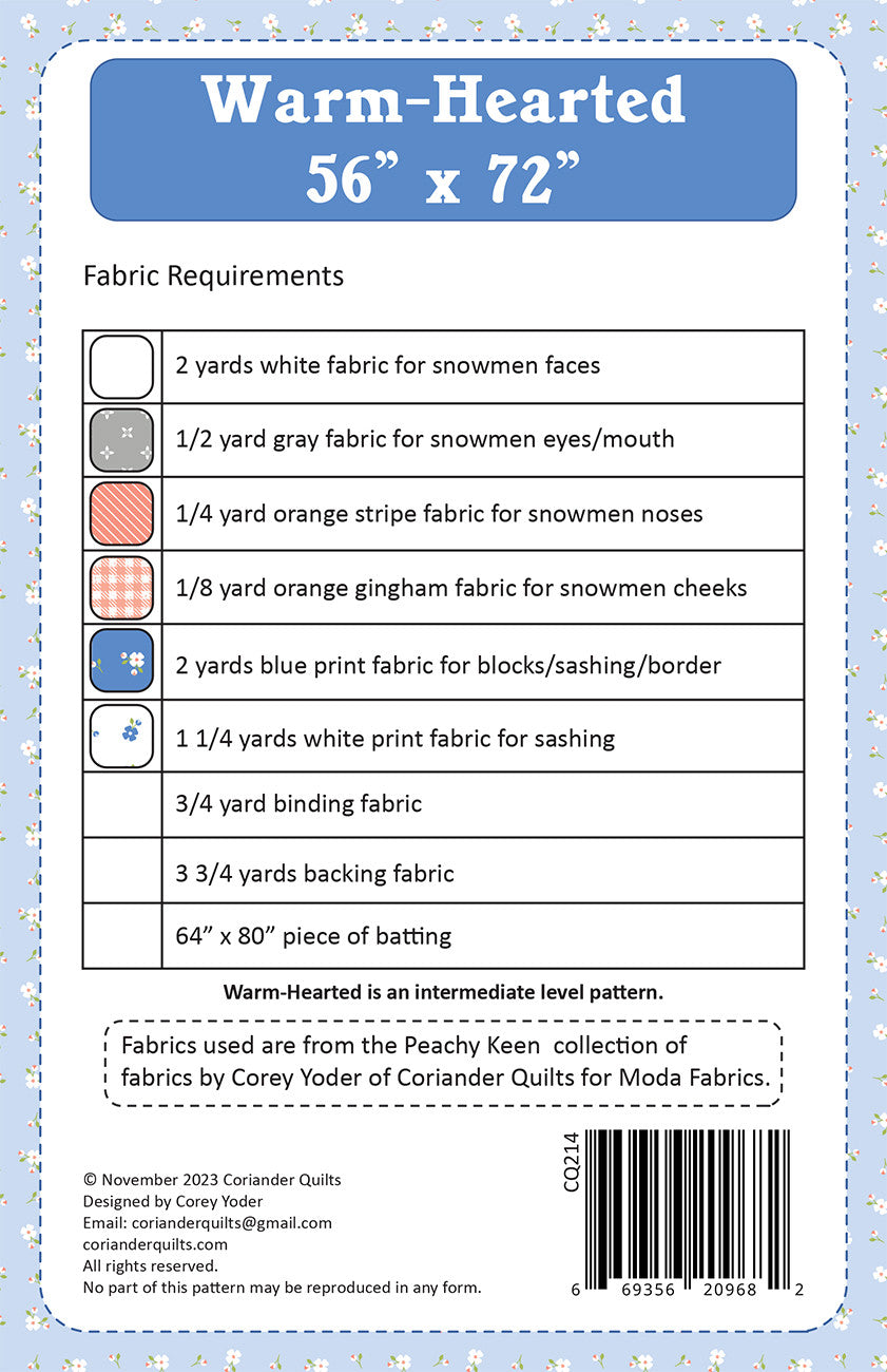 Back of the Warm Hearted Quilt Pattern by Coriander Quiltsç
