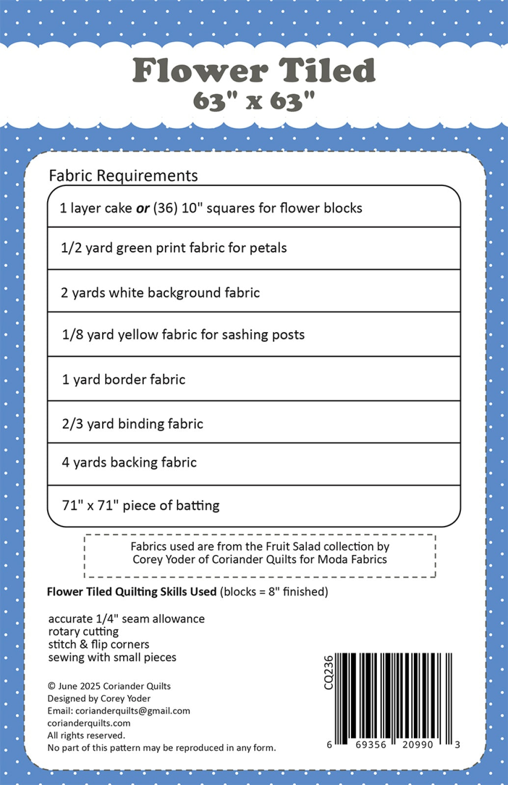 Back of the Flower Tiled Quilt Pattern by Coriander Quilts